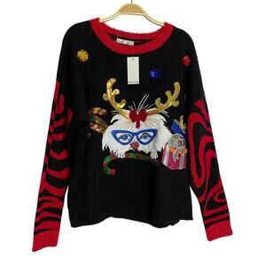 Rafiana Diva Cat Ugly Christmas Sweater Women XXL Black Red Zebra Sleeve NWT